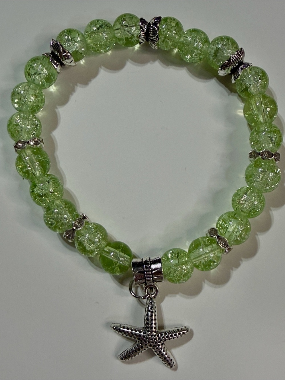 Light Green Crackle Bead Bracelet with Silver Starfish Charm - Women Jewelry